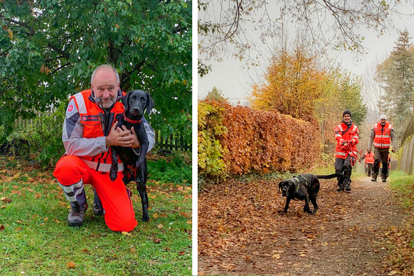 2 Fotos von Johannitern mit Rettungshunden.