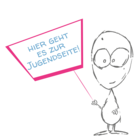 Link-Verweis zur Jugendwebseite der Klinik am Korso - Comicfigur hält ein Schild auf dem steht: "Hier geht es zur Jugendseite"