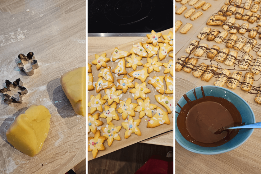 Collage aus drei Fotos, die Teig und Ausstechfömchen, fertige Plätzchen und ein Gefäß mit geschmolzener Schokolade zeigen