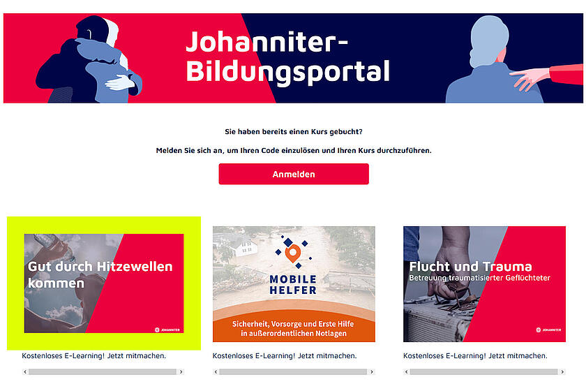 Johanniter Bildungsportal Startseite mit einigen Kursangeboten.