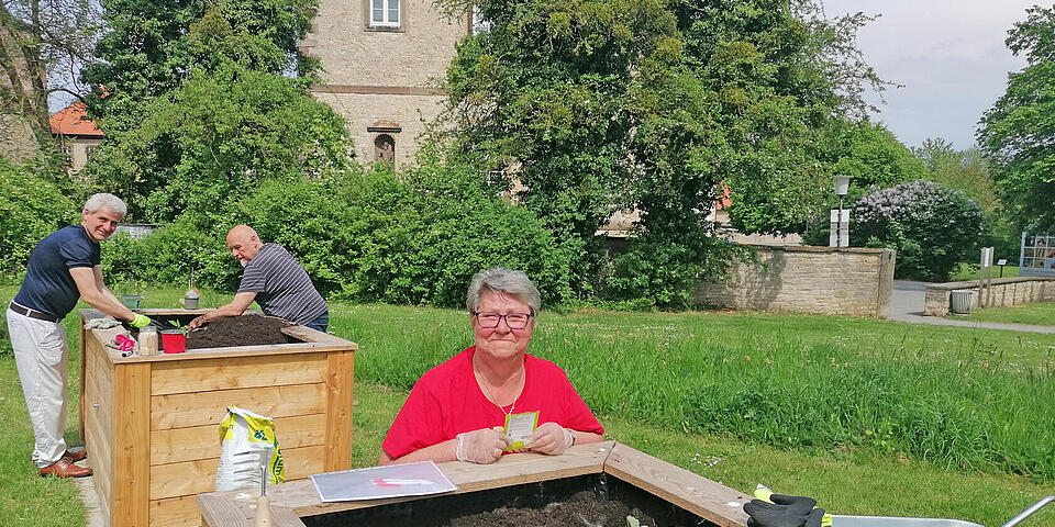 Erwachsene bepflanzen Hochbeete in einem Park