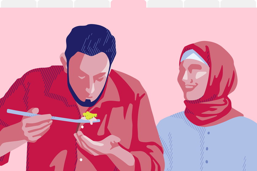 Eine Illustration zeigt eine Kochszene mit einem Mann mit dunklen Haaren, der von einem Löffel kostet, und eine Frau mit Kopfbedeckung, die ihm lächelndzusieht.