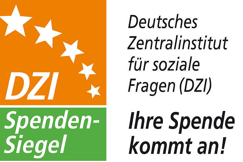 DZI‑Spenden‑Siegel in orange‑weiß mit der Aufschrift "DZI Spenden‑Siegel".