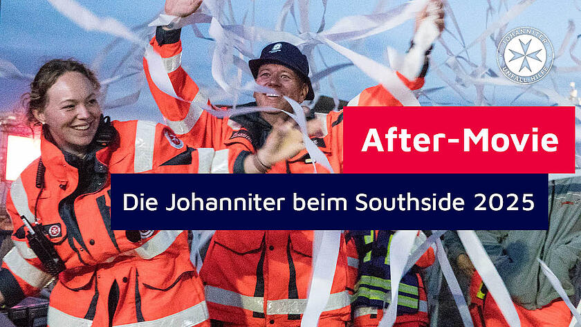 Titelbild für das YouTube-Aftermovie der Johanniter vom Southside-Festival 2025. Zu sehen sind zwei feiernde Johanniter in Einsatzkleidung vor der Hauptbühne im Konfettiregen
