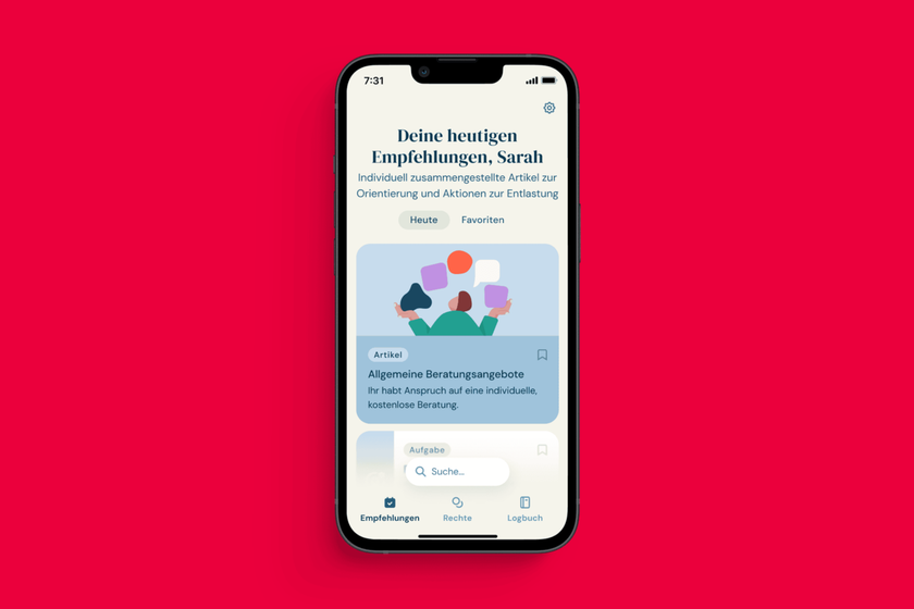 Blick auf einen Handybildschirm mit Startseite der Johanniter-App mitpflegeleben