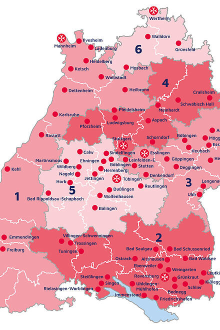 Stilisierte Übersichtskarte mit den Johanniterstandorten in Baden-Württemberg