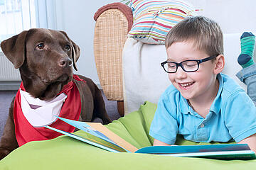 Ein auf einem Kissen liegender Junge liest fröhlich einem Lesehund etwas aus einem Buch vor.