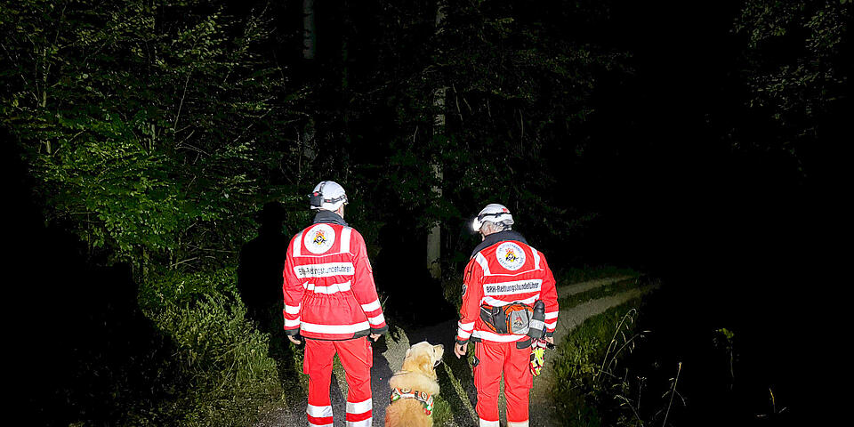 Es ist Nacht zwei Einsatzkräfte mit Hunden im Wald. 