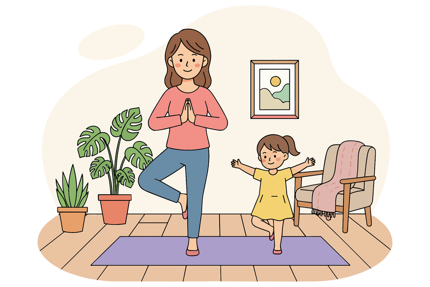 Es ist ein Bild mit einem Kind und einer Frau die Yoga machen dargestellt. 