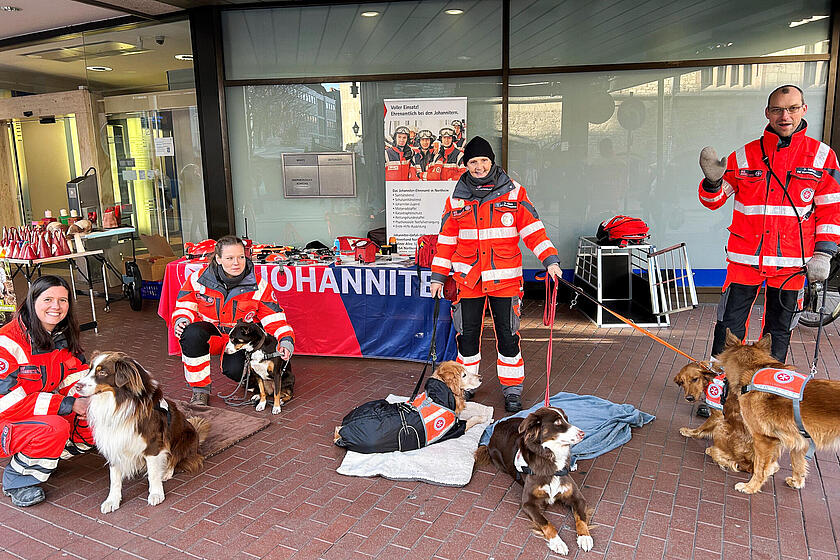 Drei Johanniterinnen und ein Johanniter mit fünf Hunden auf einem Weihnachtsmarkt