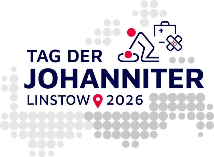 Gezeigt wird ein Logo mit Schriftzug Tag der Johanniter Linstow 2026. Die Umrisse von MV sind grau gepunktet zu sehen. Eine Symbolfigur macht Herz-Lungen-Wiederbelebung.